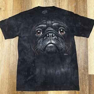 The Mountain 2013 Pug Dog Face T Shirt L Black Tie Dye AOP Art Y2K Hipster Boho